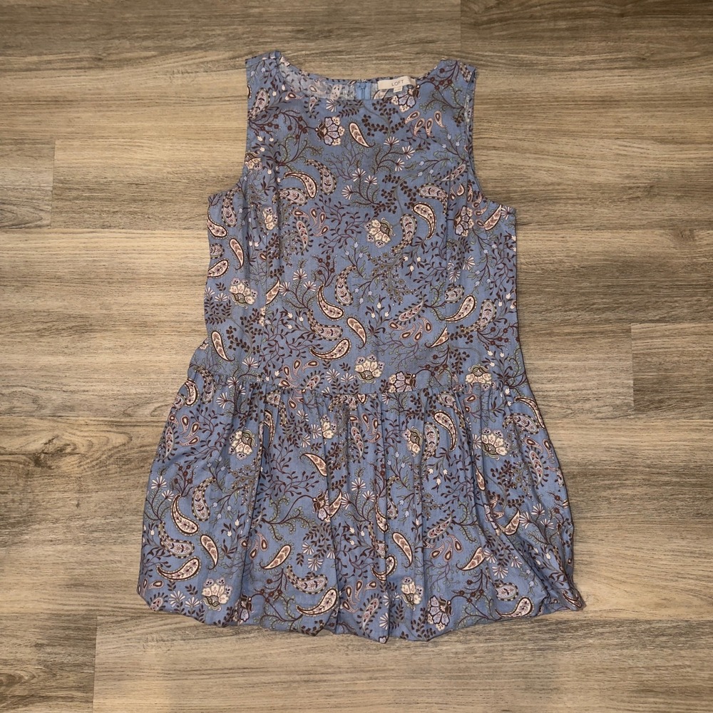 LOFT Blue Paisley Linen Cotton Bubble Hem Mini Dress Sleeveless Floral 16